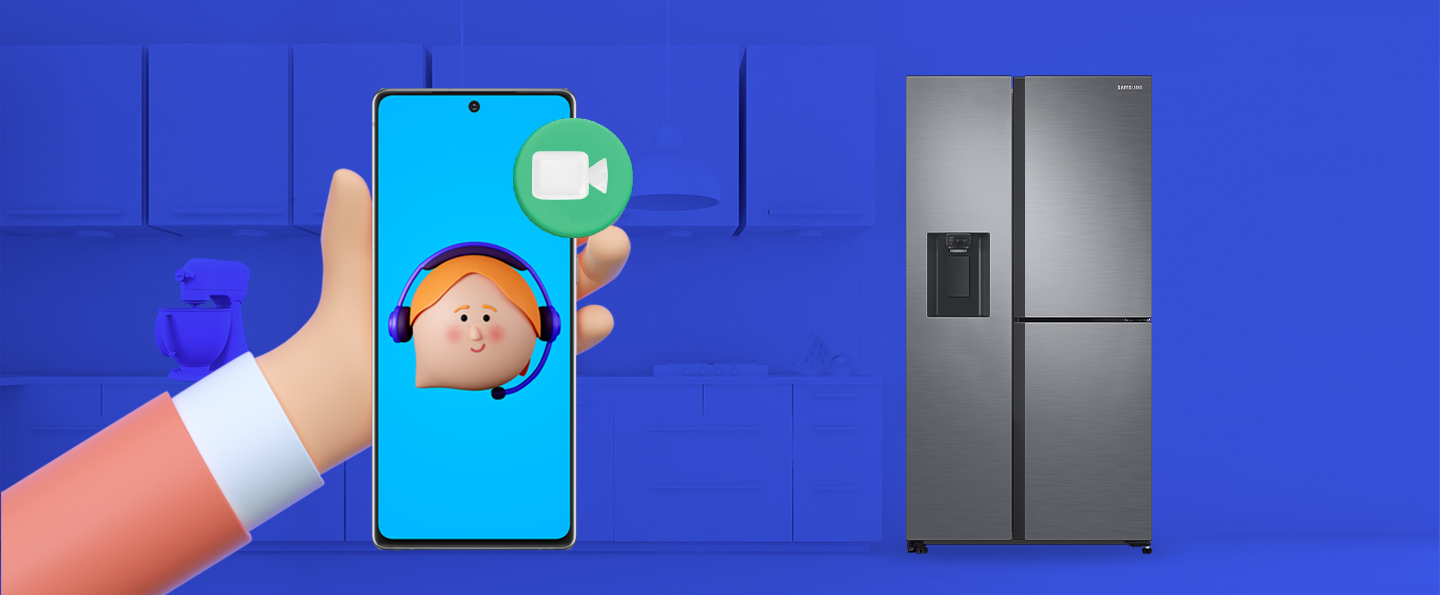 De fondo se encuentra el paisaje de una cocina en color azul, con un celular frente a él, que tiene en la pantalla la asistencia al cliente, todo el gráfico en animación 3D.
