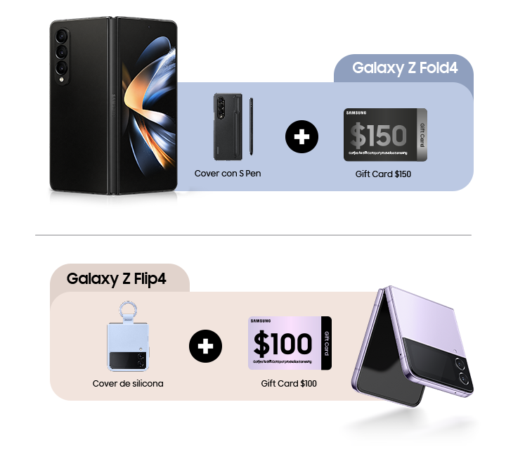 Combo Samsung Galaxy Z Fold4 + Cover con S-pen + Giftcard de 150$ y Combo Samsung Galaxy Z Flip4 + Cover de silicona + Giftcard de 100$.