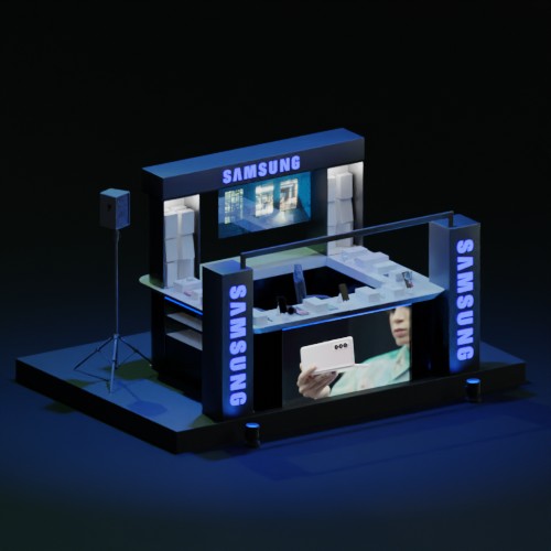 Kiosko Samsung de vista semi frontal, con dispositivos de la marca en el mostrador, con una pantalla en la pared posterior con un video sobre los productos, un parlante del lado derecho del kiosko se refleja en la imagen