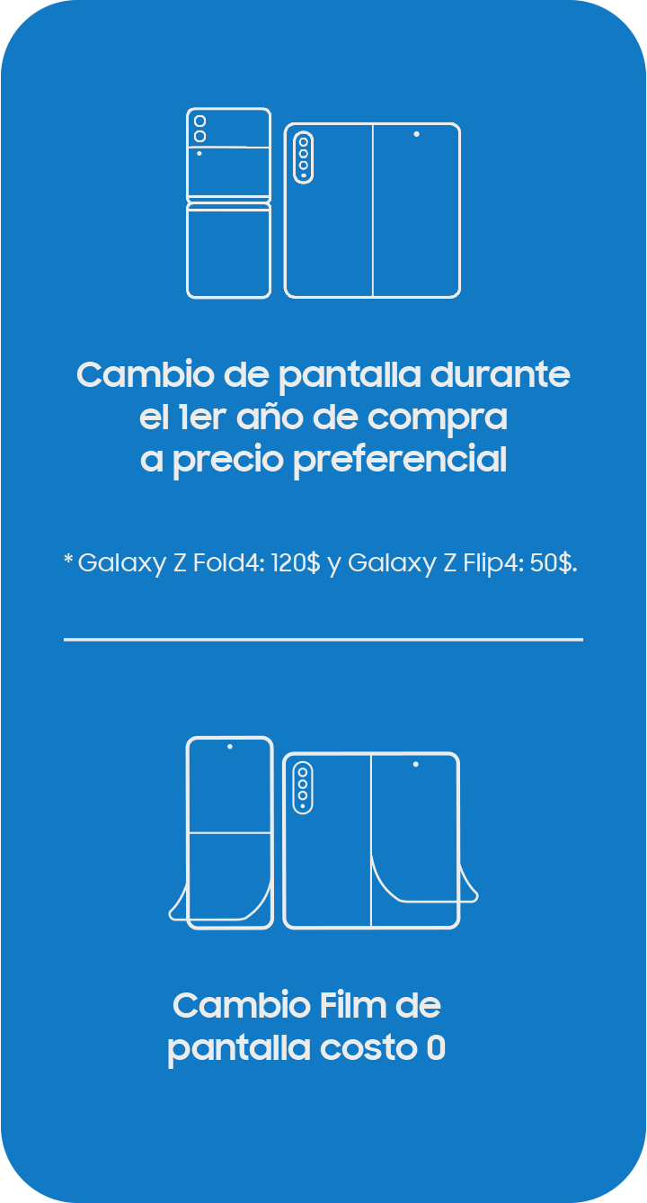 Precios de cambio de pantalla; durante el primer año, Galaxy Z Fold4: 120$, Galaxy Z Flip4: 50$. Cambio Film de pantalla no tiene costo.