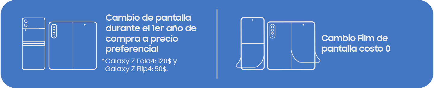 Precios de cambio de pantalla; durante el primer año, Galaxy Z Fold4: 120$, Galaxy Z Flip4: 50$. Cambio Film de pantalla no tiene costo.