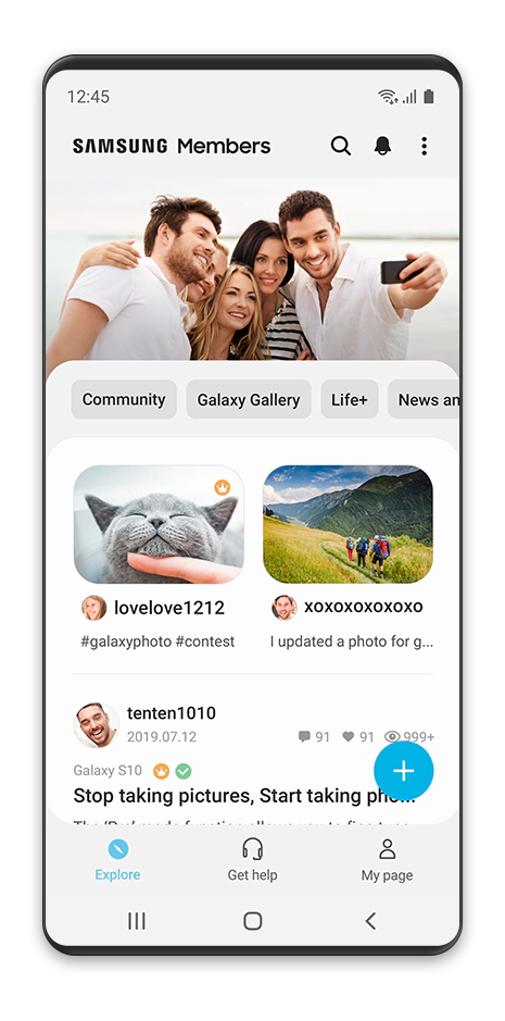Celular de vista frontal con vista de la aplicación Samsung Members en la pantalla