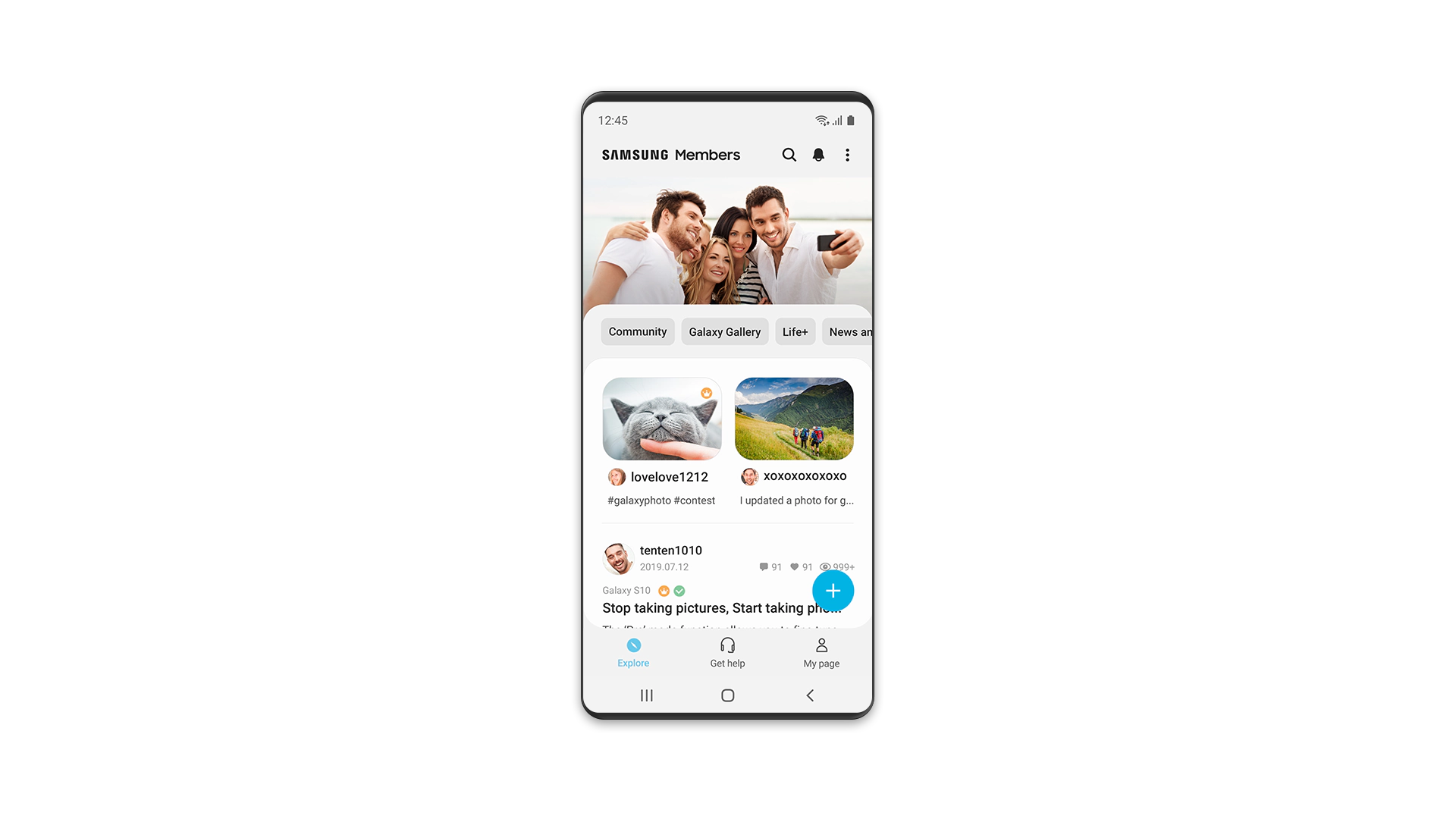 Celular de vista frontal con vista de la aplicación Samsung Members en la pantalla