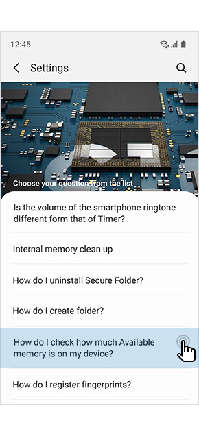 Vista de pantalla móvil de las preguntas frecuentes con respuesta en Samsung Members acerca ajustes en el sistema