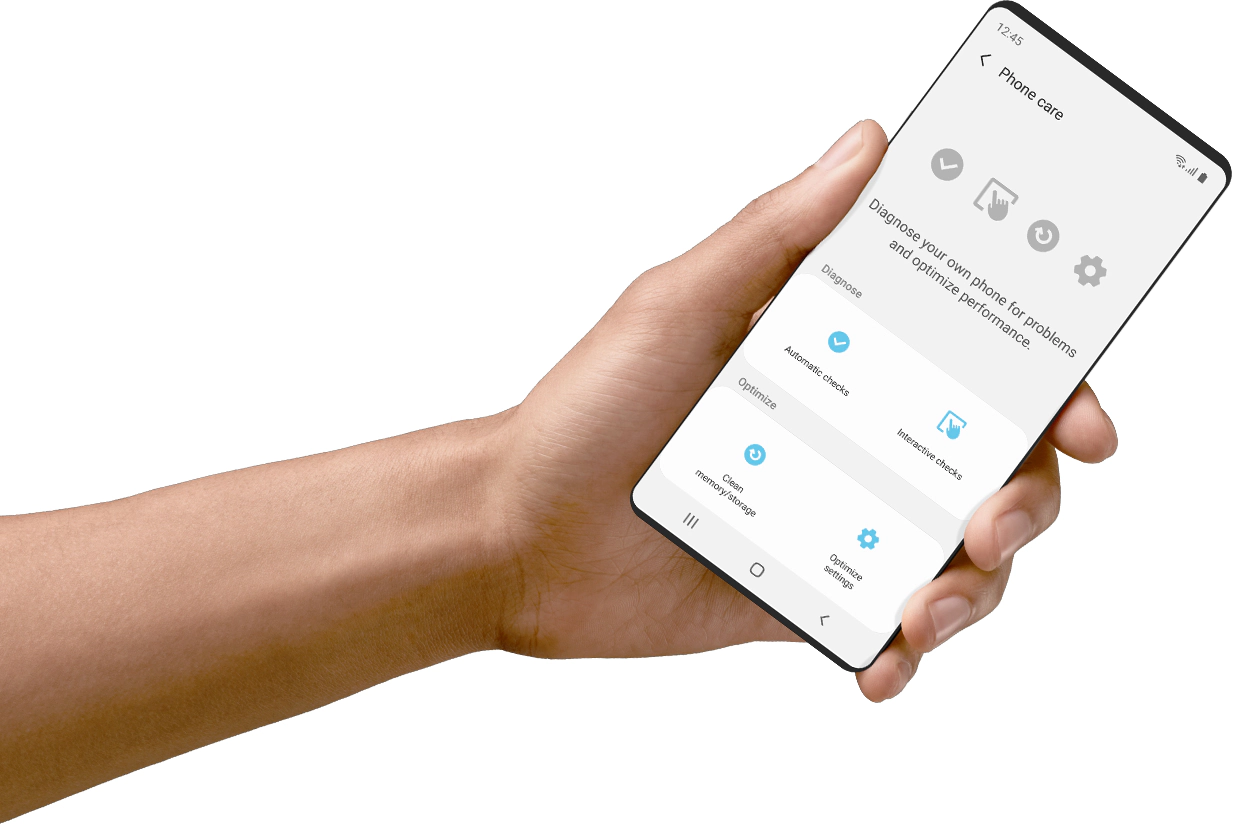 Una mano sosteniendo un celular, en su pantalla se puede observar la vista de Diagnóstico en Samsung Members para comprobar el estado del dispositivo
