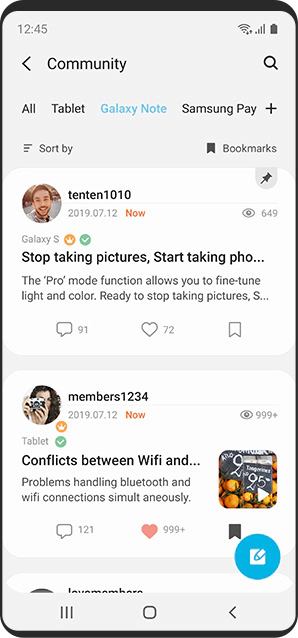 Vista de pantalla móvil de la comunidad en Samsung Members
