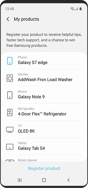 Vista de pantalla móvil de la vista de productos registrados en el dispositivo en Samsung Members