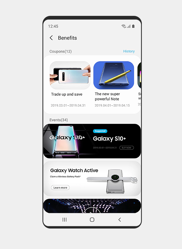 Vista de pantalla móvil de las ofertas especiales en Samsung Members