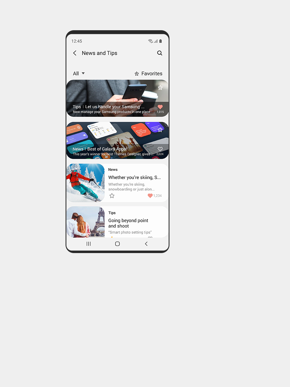 Vista de pantalla móvil de las noticias y novedades en Samsung Members