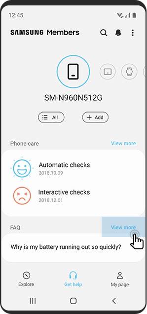 Vista de pantalla móvil de las preguntas frecuentes con respuesta en Samsung Members acerca de aplicaciones