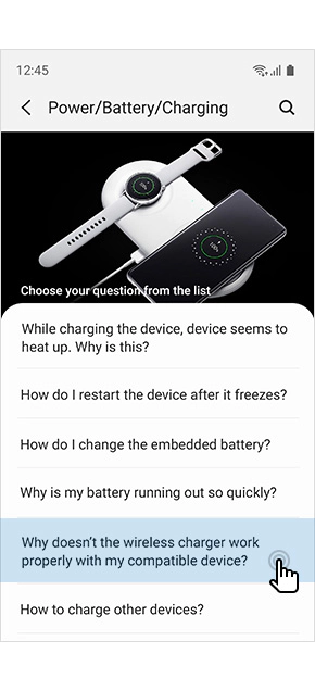 Vista de pantalla móvil de las preguntas frecuentes con respuesta en Samsung Members acerca de batería y carga
