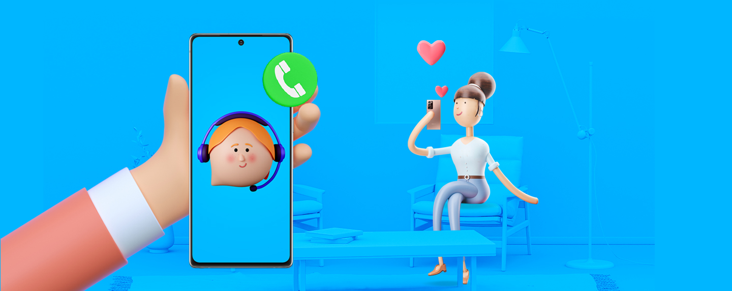 Un celular con la vista de una llamada, todo el gráfico tiene una visualización animada 3D, mientras una joven recibe la llamada al fondo en un paisaje de sala color celeste.