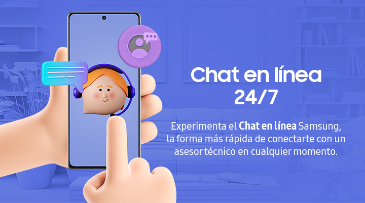 Un teléfono que demuestra un chat en línea en la pantalla, con un fondo violeta detrás del mismo, y un par de manos usando el dispositivo.